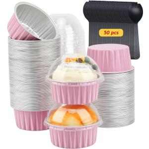 Jumbo Muffin Liners with Lids 50 Pack,Free-Air 5oz Aluminum Foil Cupcake Cups Muffin Tins,Disposable Ramekins Cupcake Baking Pans Cupcake Holders for Custard Mini Pie -Pink
