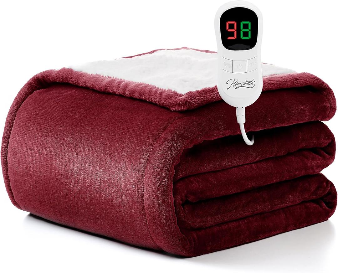 Homemate Heated Blanket Electric Throw - 50"x60" Heating Blanket Throw 1/2/4/6/8 Hours Auto-off 10 Heat Level Heat Blanket Over-heat Protection Flannel Sherpa Heater Blanket Electric ETL Certification (Ruby Red)