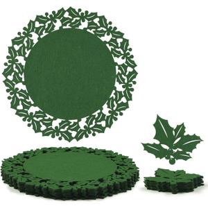 Noctiflorous Round Felt Placemats with Coasters Set of 6 Diameter 13 inch Non Slip Place Mats Heat Resistant Durable Tablemats Fall Table Decorations for Dining Table(Christmas Green, 6)
