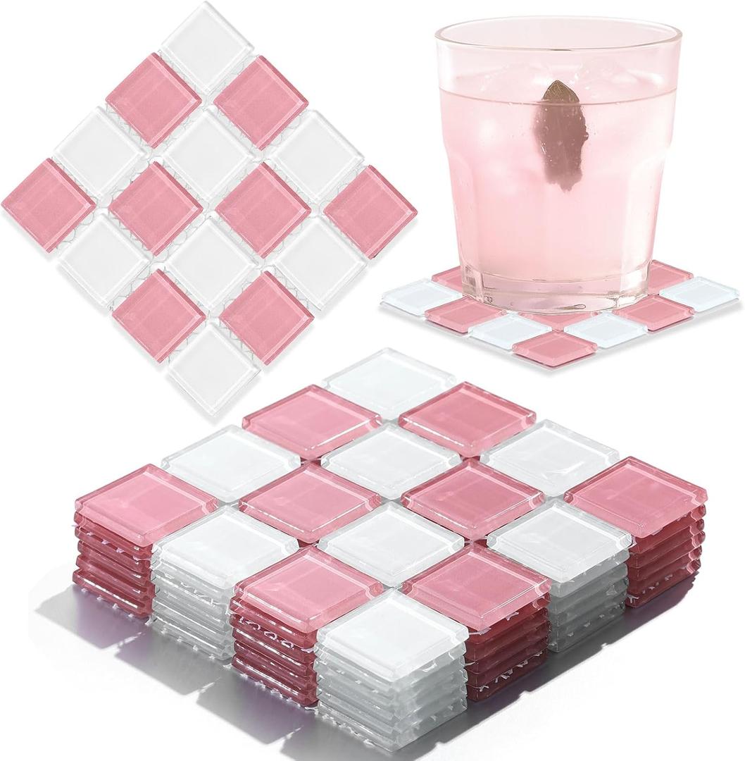 Queekay Pink and White Checkered Coaster Set of 6 for Drink 4" Square Glass Drinks Tiled Coaster Plaid Place Mat for Coffee Table Bar Plate Home Decoration Gifts for Mom