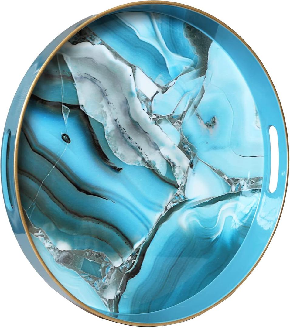 Spsyrine Round Decorative Tray, 13" Plastic Marbel Serving Tray with Handles for Breakfast, Ottoman, Coffee Table, Bathroom, Kitchen, Living Room