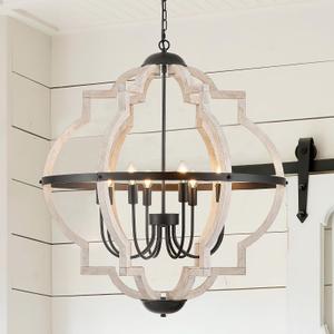 8-Light Wood Pendant Light,31.96'' Vintage Rustic White Wood Chandeliers,Retro Industrial Hanging Light Fixtures for Dining Room Entryway, Bedroom