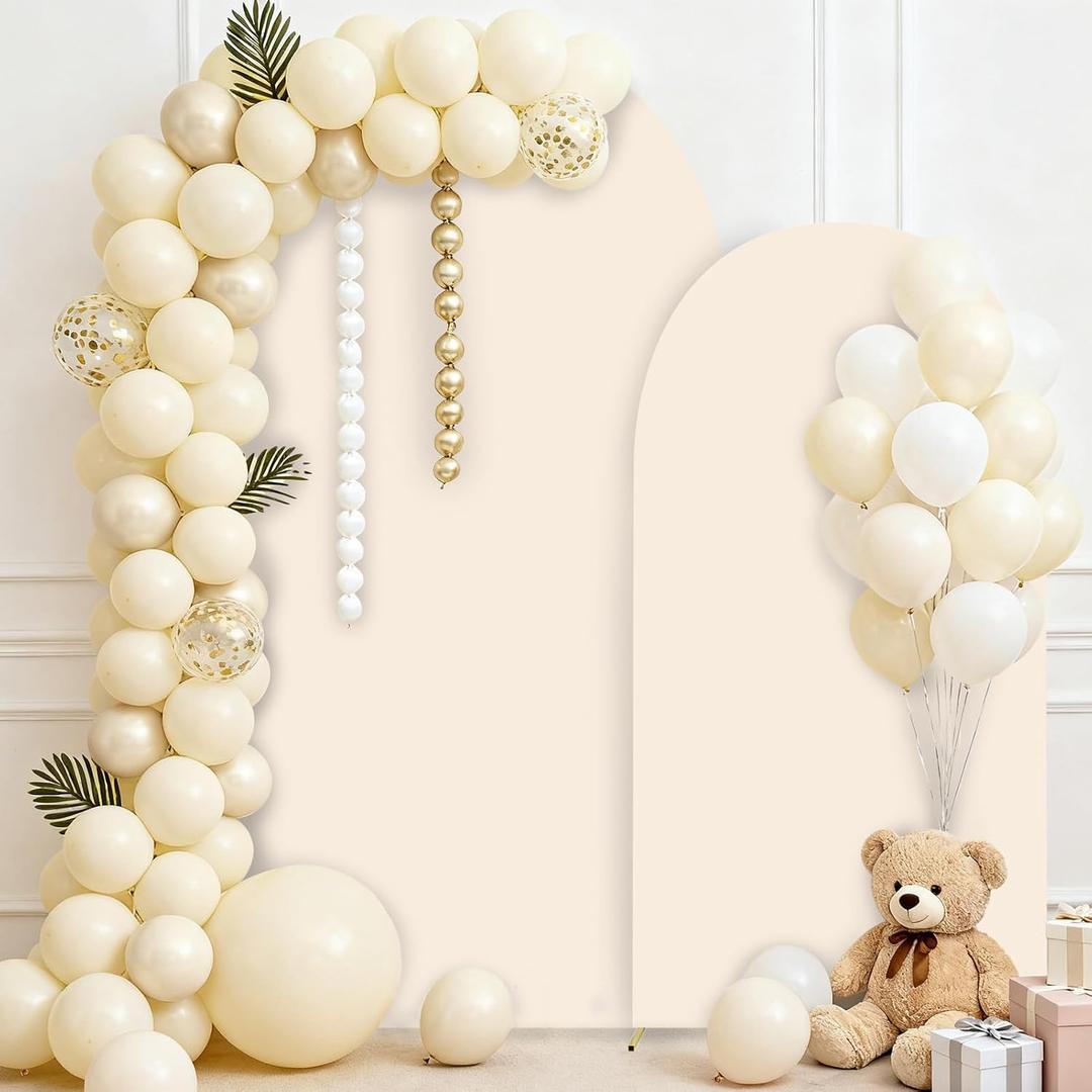 Bazen Wedding Arch Backdrop Cover (7.2FT+6FT) Set of 2 Spandex Arch Covers Round Top Chiara Stretchy Arches Backdrop Stand Cover for Birthday Party Ceremony Banquet Ornaments Beige
