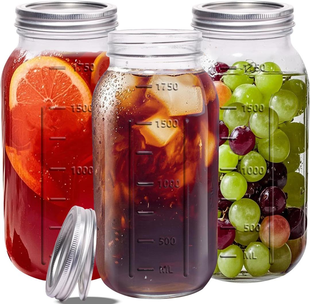 eleganttime 64 oz Mason Jar Wide Mouth 3 Pack, Large Half Gallon Mason Jar with Airtight Lid, Big 1/2 Gallon Big Mason Jars for Canning, Pickling, Fermentation and Preservation