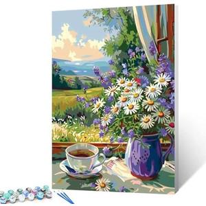 White Daisies,Flowers Paint by Numbers for Adults Beginner Tropical Summer Forest DIY Paintwork Acrylic Canvas Home Decor Window Landscape Painting Kits Craft 16x20 Inch Scandianvian Gift(DIY Frame)