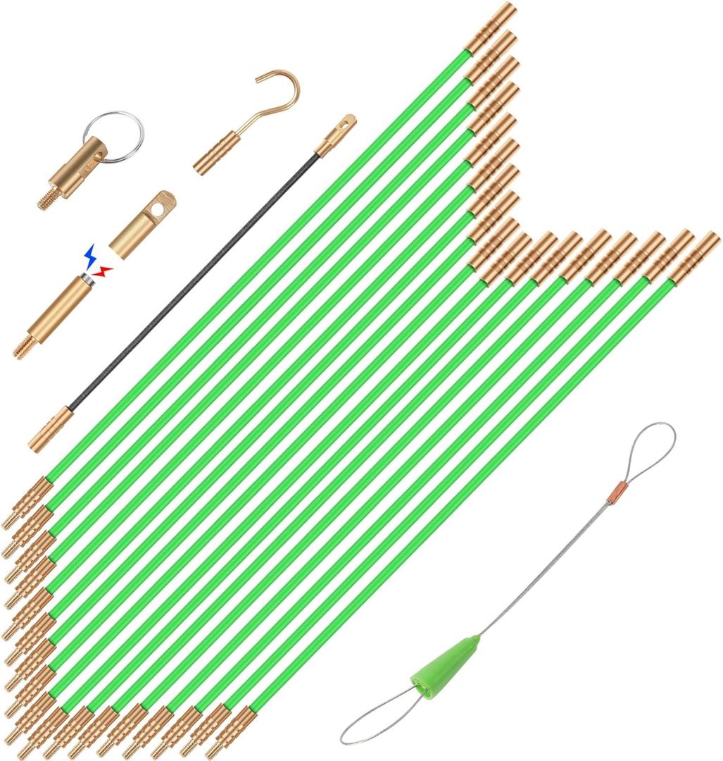 23.8FT Fiberglass Running Electrical Wire Cable Glow Rods Wire Pulling, Fish Rods Electrical Kit with 6 Different Attachments and Fish Tape Wire Puller Kit