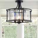 3 Lights Modern Crystal Chandelier Black Round Semi Flush Mount Ceiling Light Fixture Farmhouse Chandelier for Living Room Bedroom Dinning Room Hallway Entryway Kitchen with E12*3 Base