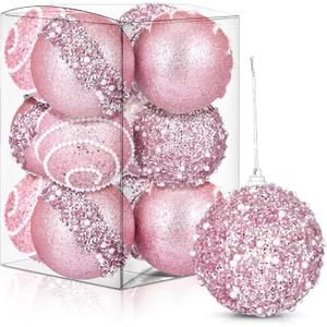 Liliful 12 Pcs Christmas Ball Ornaments Christmas Tree Decorations Shatterproof Foam Glitter Balls Hanging Xmas Tree Ornaments for Home New Year Holiday Indoor Outdoor Party Decor(Pink,2.76 Inch)