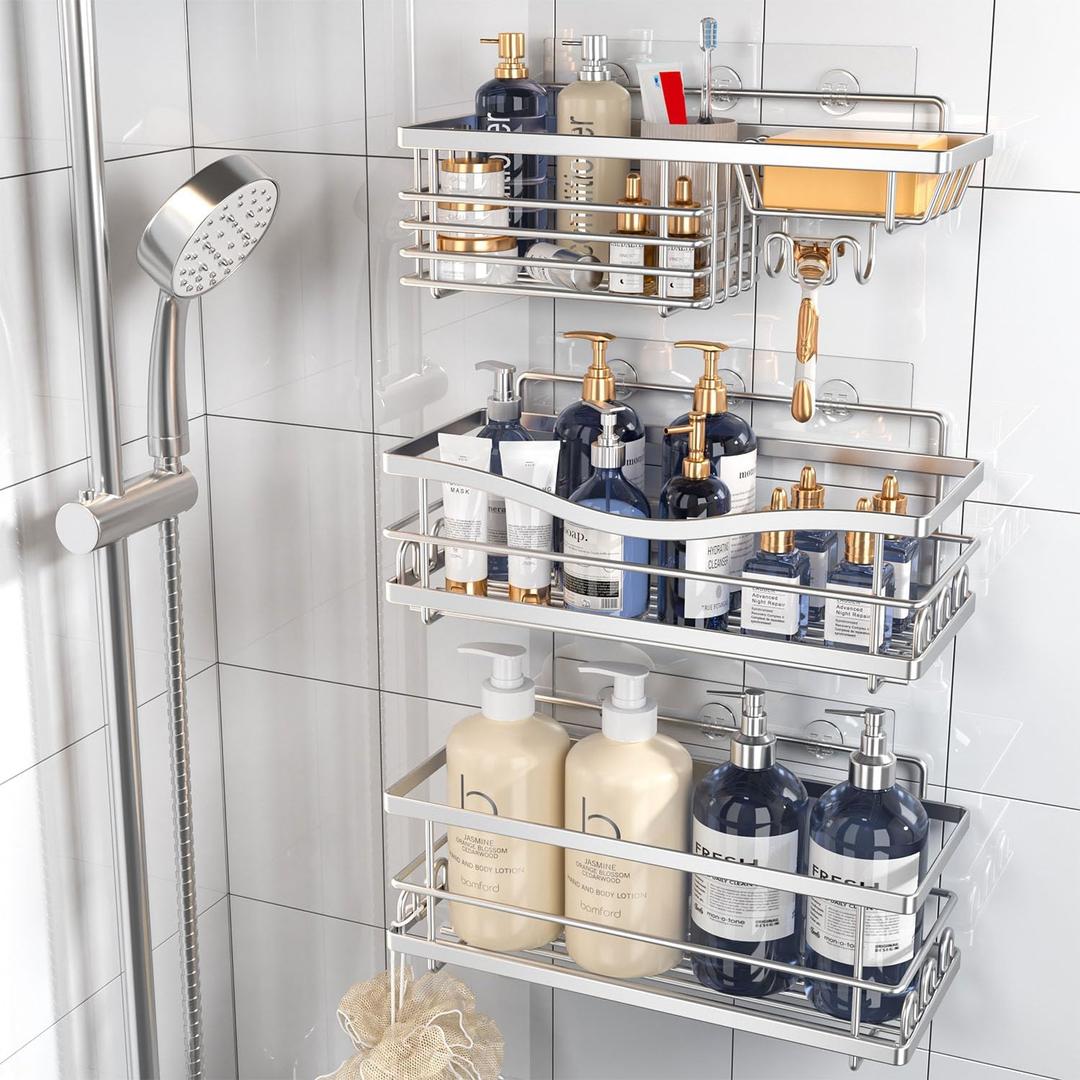 Shower Caddy, 3 Pack Large Capacity Bathroom Organizers and Storage, No Drilling Adhesive Rustproof Shelves with Soap Holder, Home Decor, Silver