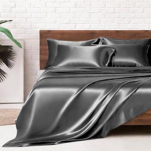 MR&HM Satin Bed Sheets, King Size Sheets Set, 6 Pcs Silky Bedding Set with 15 Inches Deep Pocket for Mattress (King, Dark Grey)