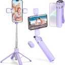 MQOUNY Mini iPhone Tripod Stand & Selfie Stick with Wireless Remote & Removable Light, Extendable Stand 360 Rotation Compatible with iPhone & Android Samsung (Purple)