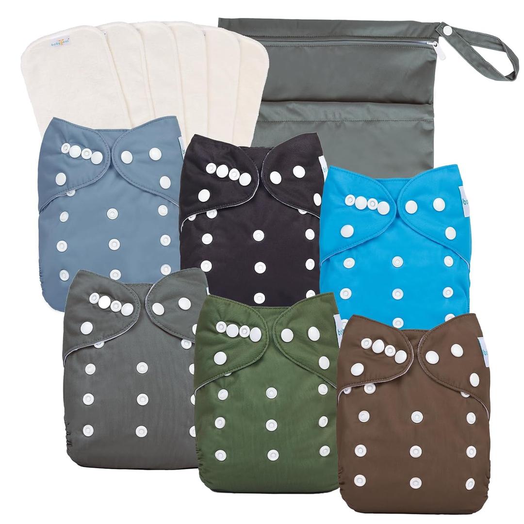 babygoal Baby Boy Cloth Diapers 6 Pack with 6pcs Inserts and Wet Bag, Reusable Waterproof Diaper Covers for Toddlers with Snap Closure (Pure Boy Color 01)