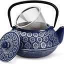 Juvale Japanese Cast Iron Teapot with Infuser & Stovetop Tea Kettle - 34 oz, Blue - Heat Retention, Removable Lid & Fold-Down Handle