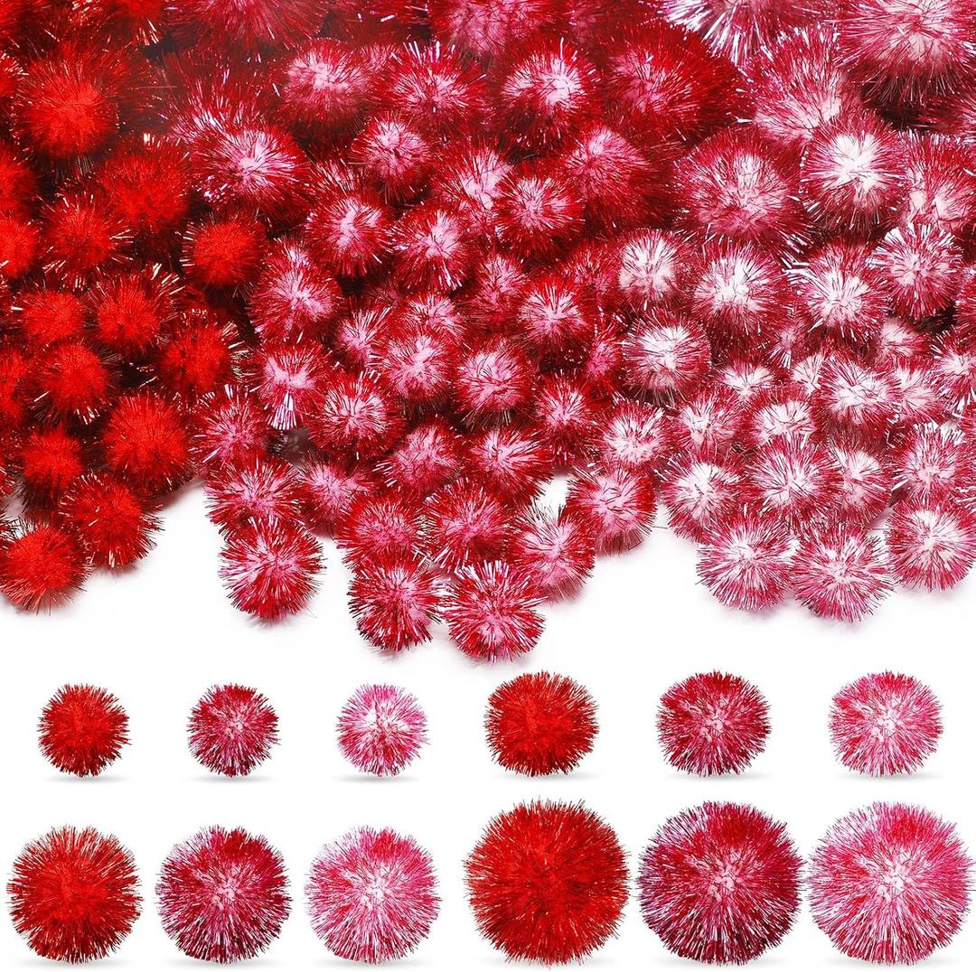 150 Pcs Large Glitter Tinsel Pom Poms 2.5" 2" 1.4" 1" Christmas Pompom Balls Jumbo Glitter Balls for DIY Craft Making Christmas Decorations(Red, Rose Red, Pink)