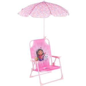 Gabbys Dollhouse Kids Folding Beach Chair with Umbrella, Outdoor Chair for Girls Ages 3+,Portable, Lightweight, UV Protection - Patio, Pool, Beach Travel Accessory