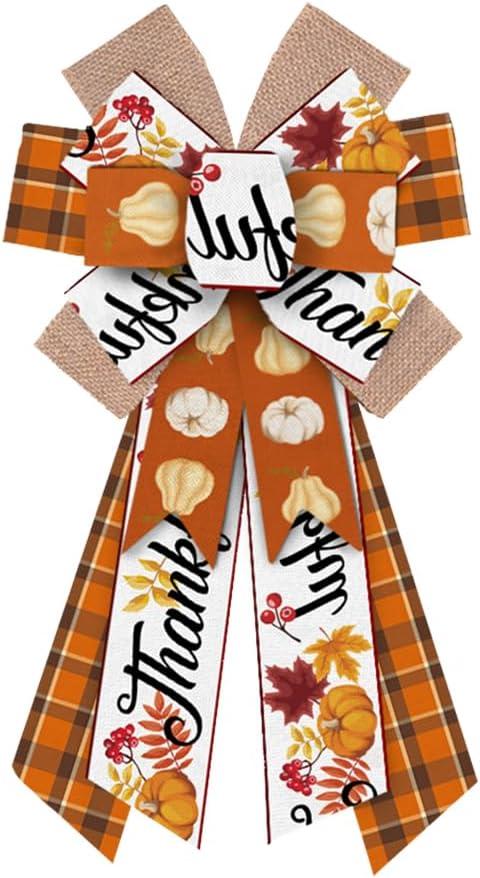 Large Fall Wreath Bows Thanksgiving Fall Bows for Wreath Brown Thankful Words Buffalo Plaid Burlap Decor Bows for Thanksgiving Autumn Front Door Indoor Outdoor Tree Topper Wreath Decoration Supplies