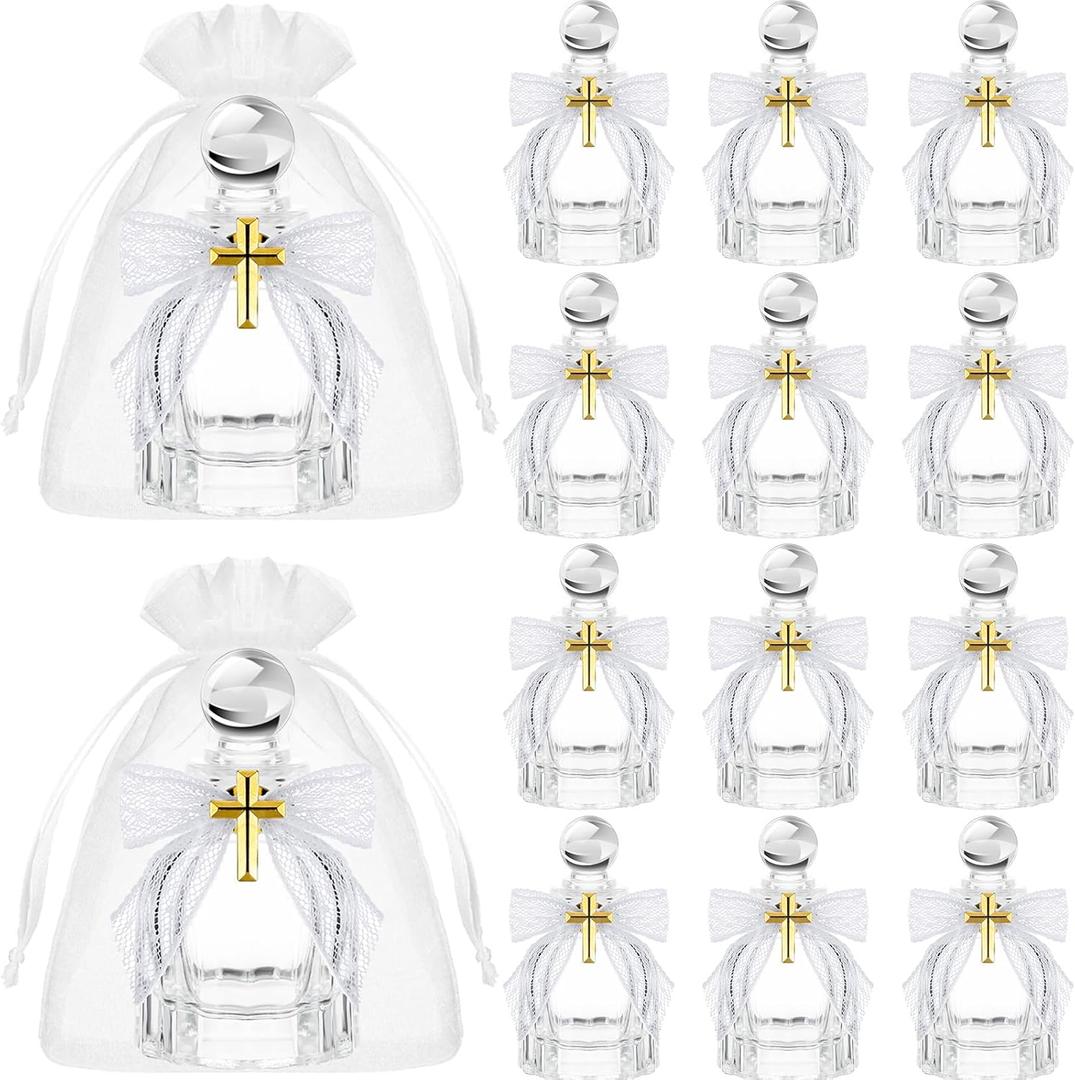 Holy Water Bottles Catholic Bulk Glass Baptism Favors for Guests Christian Water Container with Cross Organza Bags Bow for Holy Communion Gifts Church Wedding Baptism(White,12 Set)