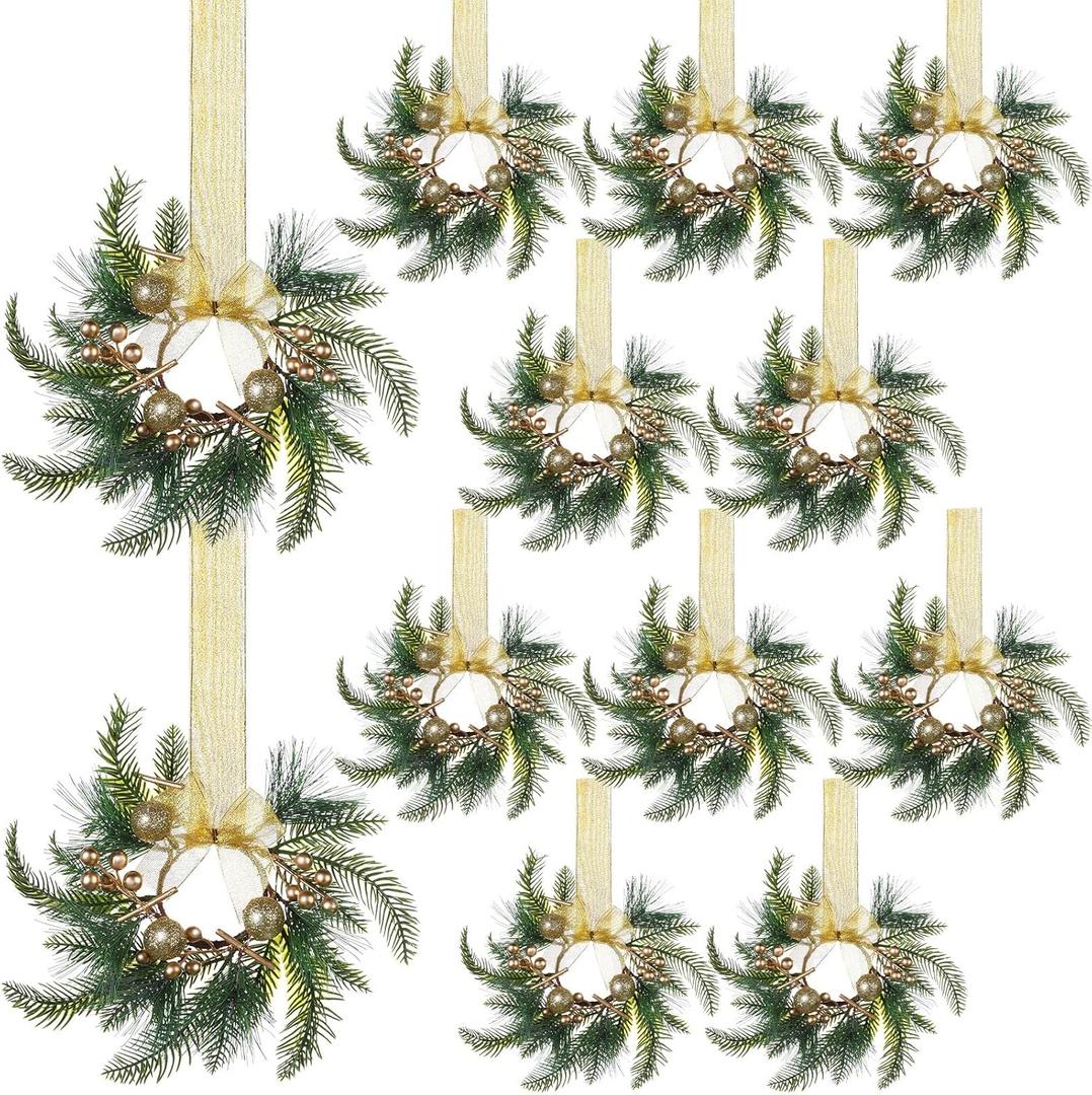 Zeyune 12 Pcs Small Christmas Wreaths for Kitchen Cabinets with Gold Bow Ribbon Hanging Mini Christmas Cabinet Door Wreaths Decor for Kitchen Window Outdoor Indoor Holiday, 14.96 x 7.87''