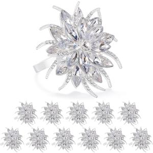 ZeeDix Christmas Flower Napkin Rings Set of 12, Silver Lotus Elegant Rhinestone Napkin Ring Serviette Buckles Holder for Wedding Birthday Christmas Holiday Party Home Kitchen Dinner Table Decoration