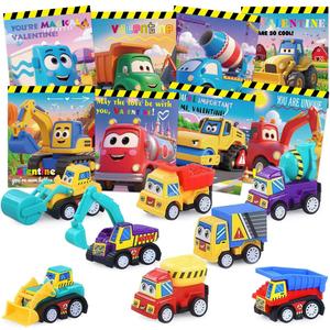 Valentines Day Gifts for Kids, 32 Pack Trucks Cards with Construction Vehicles, Pull Back Cars Sets Exchange Cards for Classroom School Party Favors