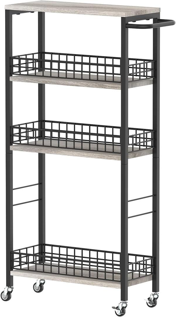 4 Tier Slim Storage Cart Narrow Laundry Cart on Wheels Utility Kitchen Rolling Cart with Wood Tabletop Mobile Shelving Unit Bathroom Storage Organizer Slide Out Rolling Tower for Narrow Spaces (Grey)