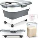Komzon Rice Storage Containers, Collapsible 20 to 30Lbs Food Storage Bin Dispenser with Rolling Wheel and Clear Airtight Lid, BPA Free Flour, Sugar, Cereal and Dog Cat Pet food Containers, 16 Inches X 17 Inches X 4 Inches