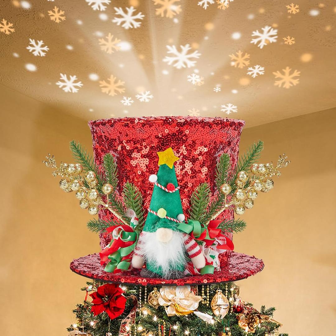 Christmas Tree Topper Projector Lighted 3D Red Christmas Tree Toppers Hat Rotating Star Snowflake Projector LED Lights Green Santa Gnome Christmas Tree Topper Hat Decoration Xmas Ornaments Party Decor