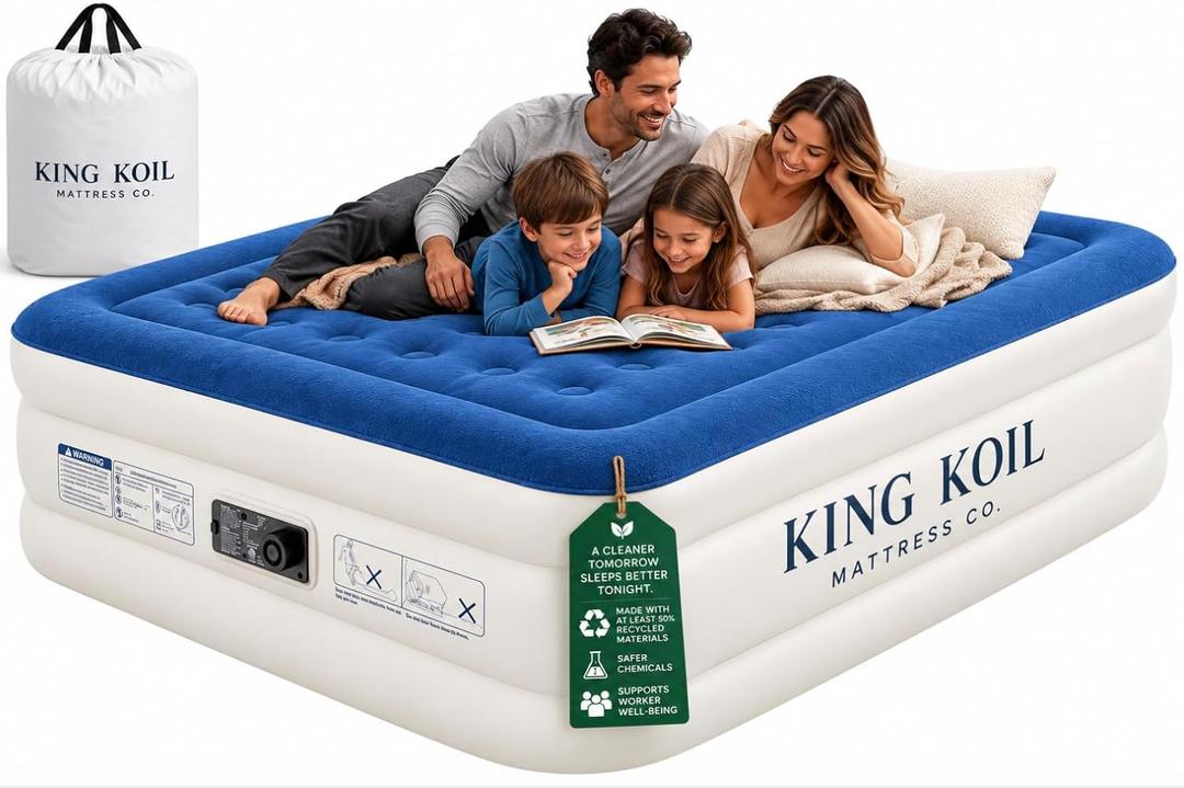 King Koil Air Mattress Queen with Built-in Pump, 20” Raised Airbed | Luxury blow up mattress for guests & home • Inflates in 2 minutes • 650 lb capacity • Patented high-speed pump