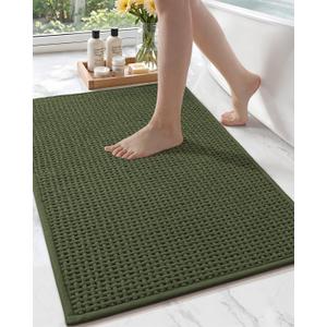 Color&Geometry Rubber Backed Waffle Bath Mat 36x24, Non Slip Machine Washable Bathroom Rugs, Soft Absorbent Chenille Boho Carpet for Bathroom Floor, Tub and Shower, Green