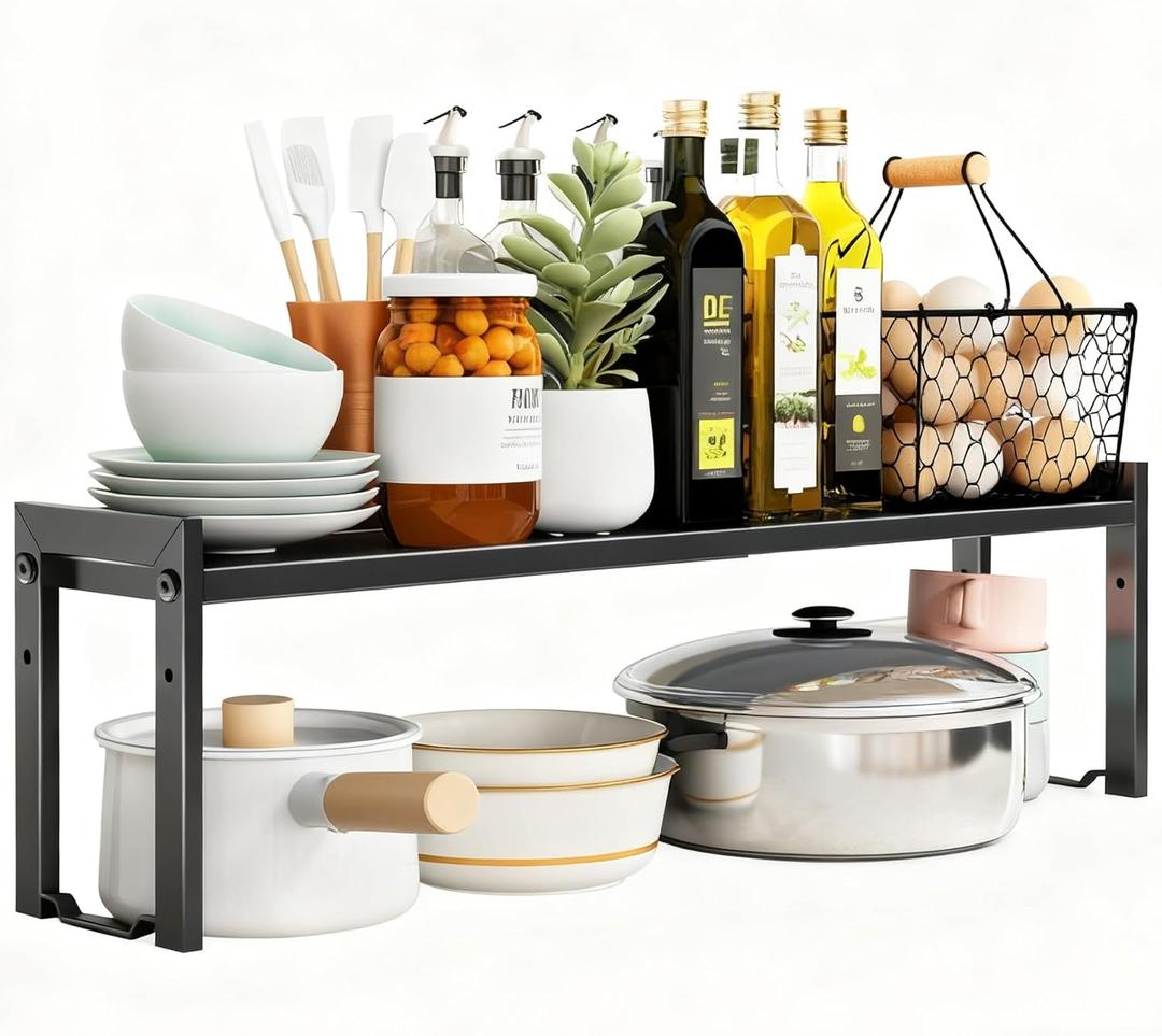 Expandable Cabinet Shelf Organizer 16-26" L Stackable Kitchen Counter Shelf Rack Sink Riser Countertop Storage Black (Normal 7.9D)