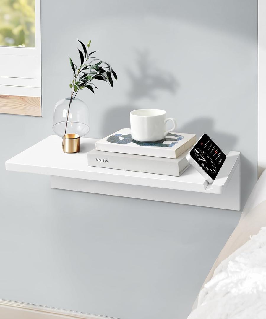 White Floating Nightstand 16inch, Modern Natural Pine Wood Night Stand Floating Wall Shelves with Phone Slot, Cord Holes, Small Narrow Nightstands Bedside Tables for Bedroom Dorm Bedside