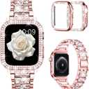 Mosonio Compatible with Apple Watch Band 38mm 40mm 41mm 42mm 44mm 45mm 46mm 49mm with 2 Pack Case Women, Jewelry Replacement Metal Bands Strap with Bling PC Protective Case for iWatch Ultra SE Series 11/10/9/8/7/6/5/4/3/2/1 (Sizes Vary By Mode)