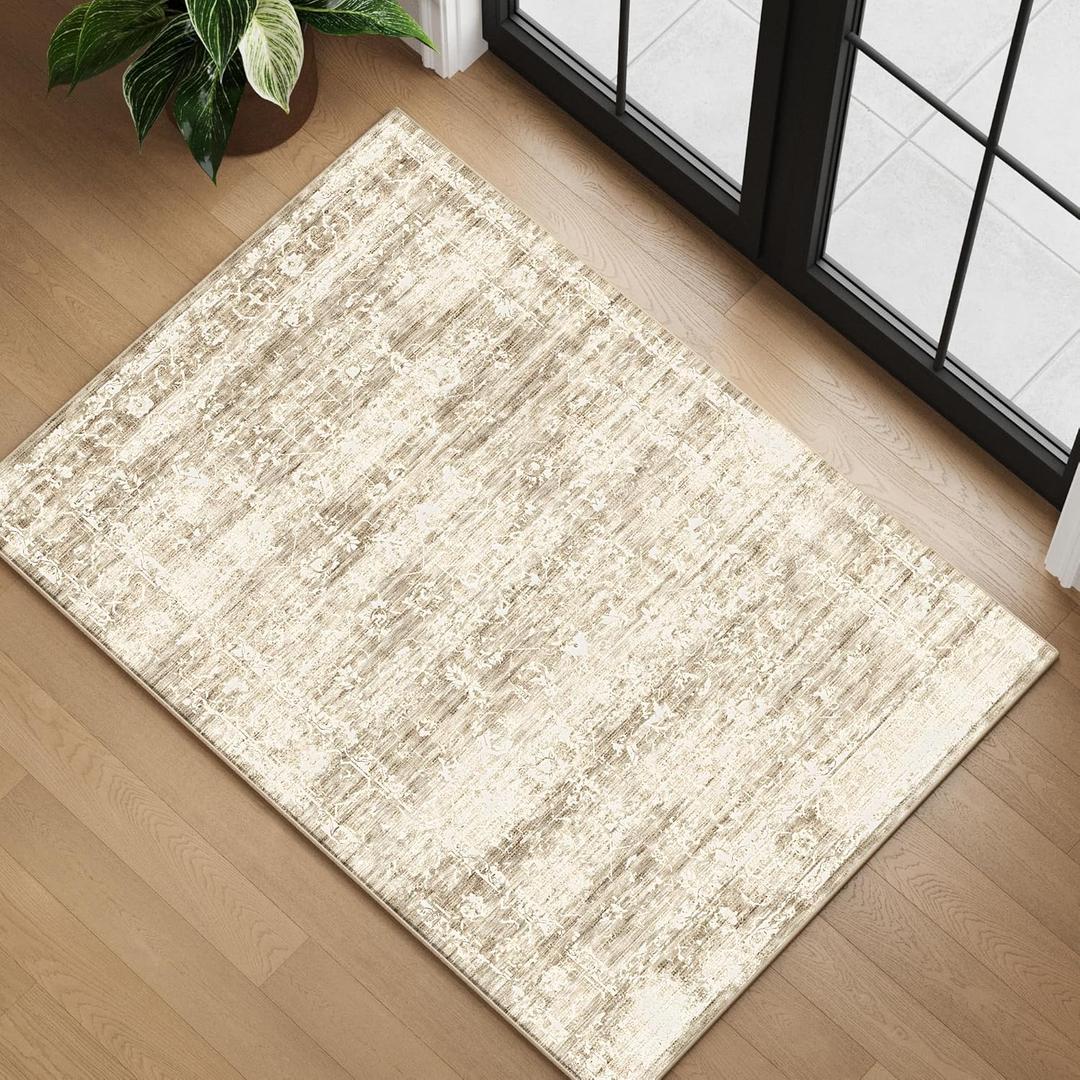 4x6 Washable Area Rug for Entryway Indoor, Neutral Boho Small Rugs for Living Room, Kitchen, Entrance, Girls Nursery, Laundry Room, Non Slip Low Pile Retro Ultra Soft Faux Wool Carpet, Beige