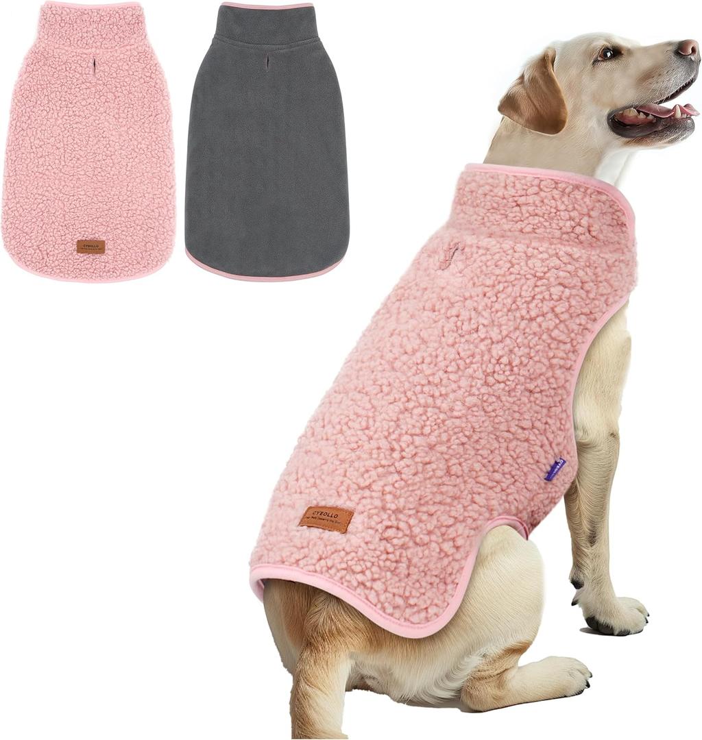 cyeollo Warm Dog Coat Fleece Winter Sweater Coats, Sherpa Reversible Dog Jacket Vest with Leash Hole for Large Dogs, Soft Pet Coats for Cold Weather, Pink, XXXL