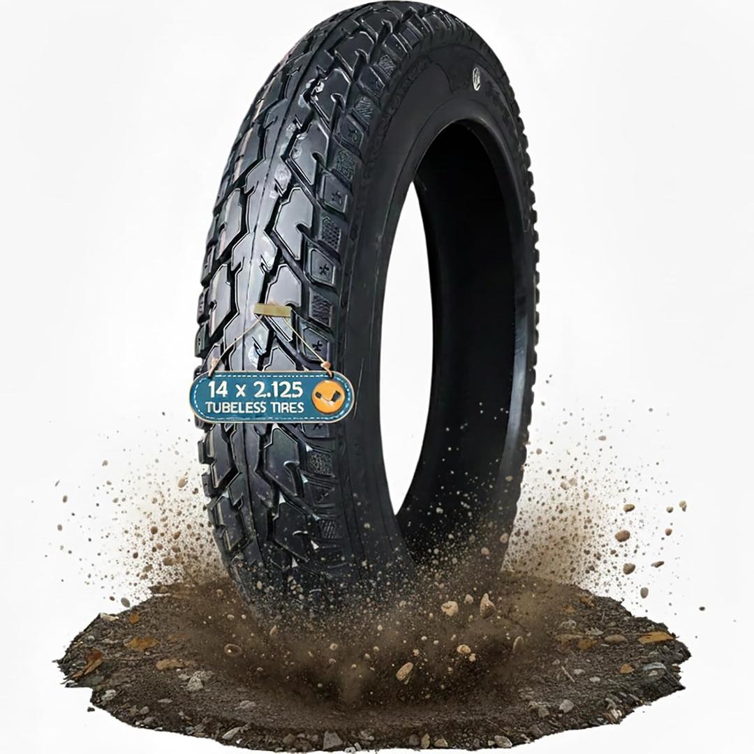 14x2.125 Tubeless Tire, 14 x 2.125 8PR Nylon Structure Bicycle Neumtico, Puncture Proof, Anti-Slip Tread, Max 300kPa, With Angled Valve Fit Tubeless Ri_m Only