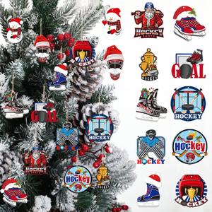 Syhood 36 Pcs Hockey Christmas Ornaments Bulk Wood Hanging Xmas Tree Decorations Ice Skate Ornament Funny Sports for Hockey Lovers Holiday Decor, 12 Styles