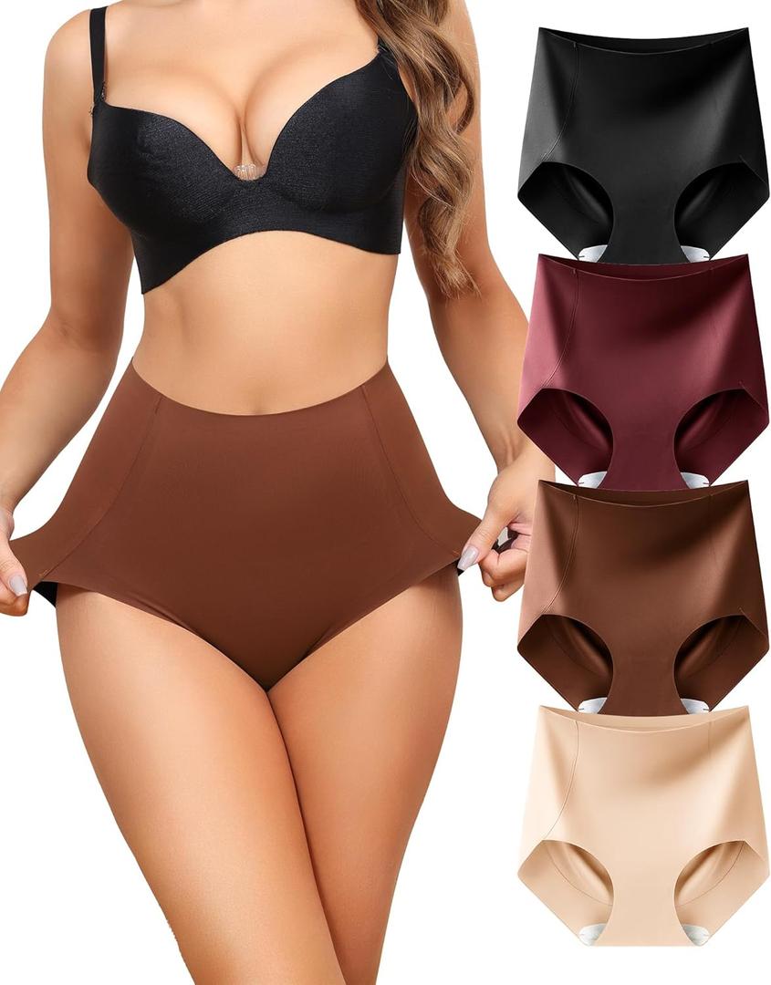 LEVAO Women's Tummy Control Underwear High Waisted Seamless Panties - Postpartum Briefs No Show Shaper XL 4 Pack (Black,nude,reddish Brown,red Coffee Color)