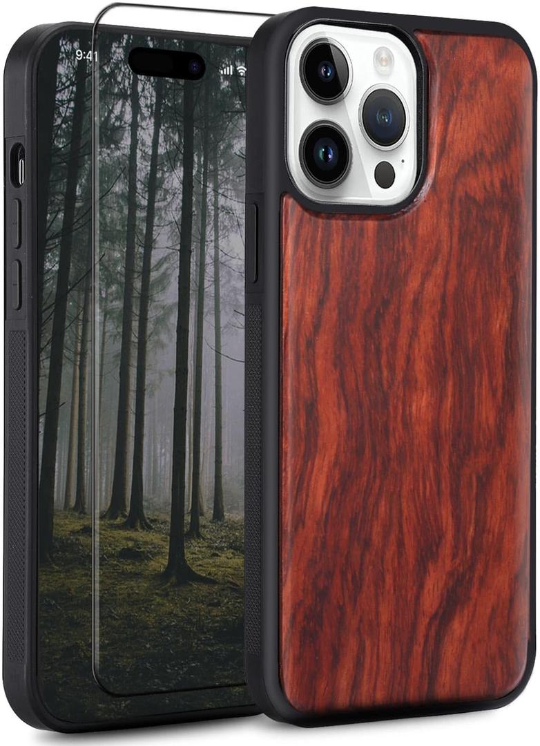 Wood case for iPhone 16 Pro - Real Natural Wood,- Slim Shockproof Hybrid Wooden Cover (Rosewood, iPhone 16 Pro)