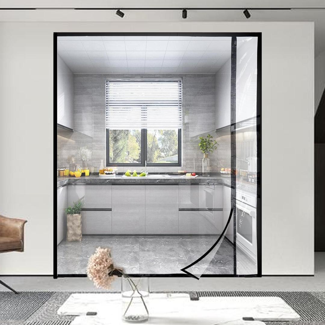 Transparent Reversible Left or Right Side Opening Insulated Door Curtain, Magnetic Thermal Door Cover Self-Closing Screen Door for Kitchen, Bedroom, Air Conditioner Room, Fits Doors up to 72" x 80"