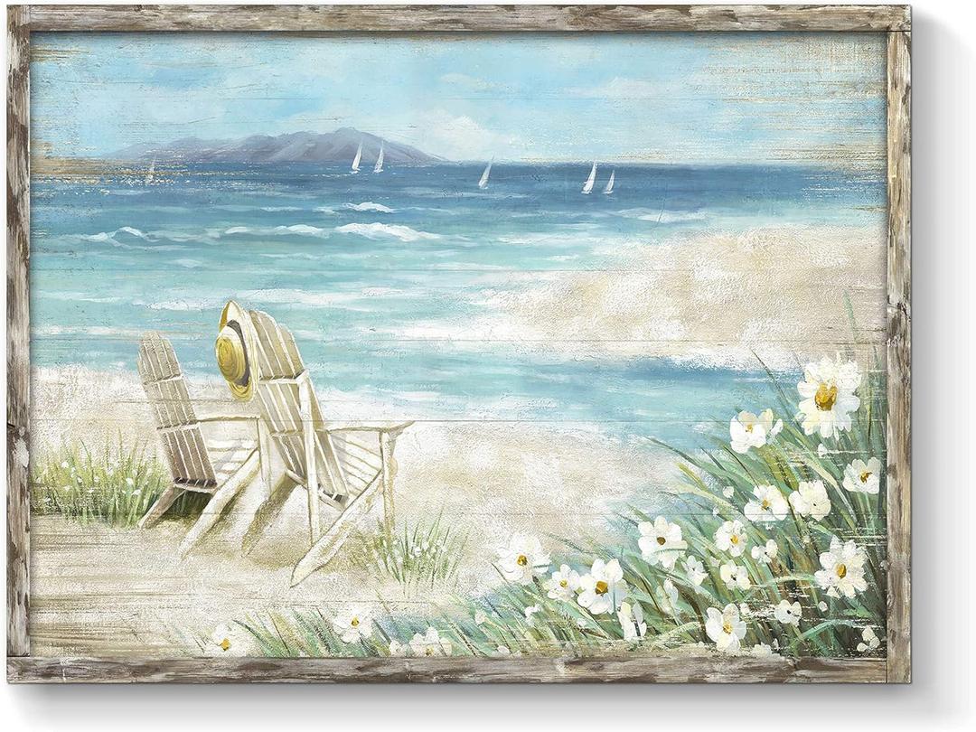 Abstract Beach Framed Painting Artwork: Seaside Chair Wall Art Seascape Hand Painted Painting for Vacation Villa (16" W x 11" H, Multiple Sizes/Material)