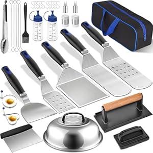Griddle Accessories Kit, 36PCS Complete Flat Top Grill Accessories Set for Blackstone, Grill Spatula Set with Enlarged Spatulas, Burger Press, Basting Cover, Scraper for Outdoor BBQ, Teppanyaki, Blue