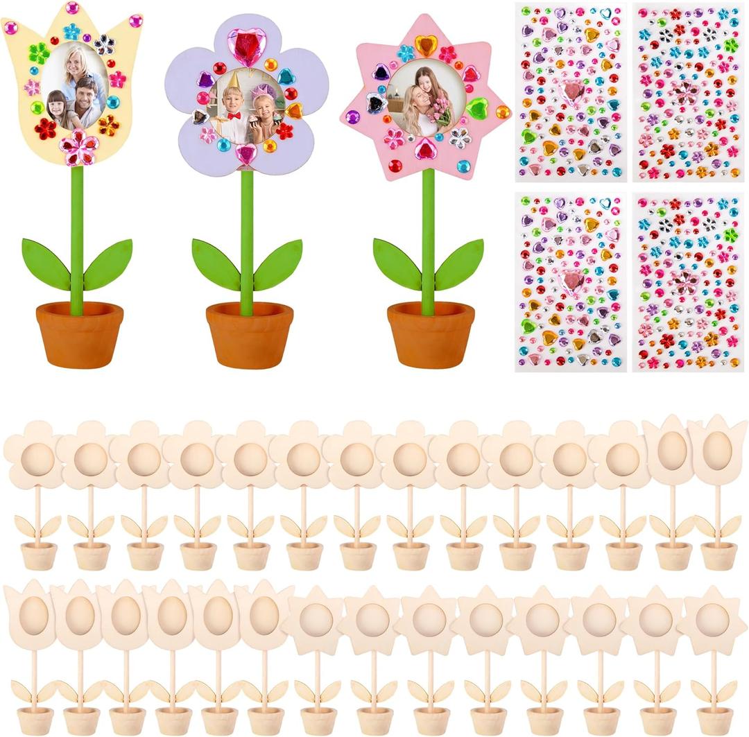 28 Sets Mother's Day Crafts Wood Flowers Photo Holders, DIY Paintable Wooden Flower Picture Frames, Spring Flower Pot Unfinished Wood Ornament with Gems Stickers for Painting Mothers Day Birthday Gift