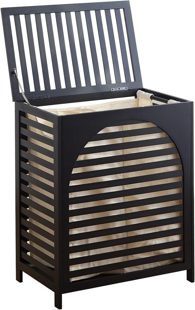 Laundry Hamper with Lid, Bamboo Clothes Laundry Basket with Handles, Removable 2-Section Liner bag, Hampers for Bedroom Aesthetic, Large Storage for Bath Towel, Sheets or Toys, Home (Black)