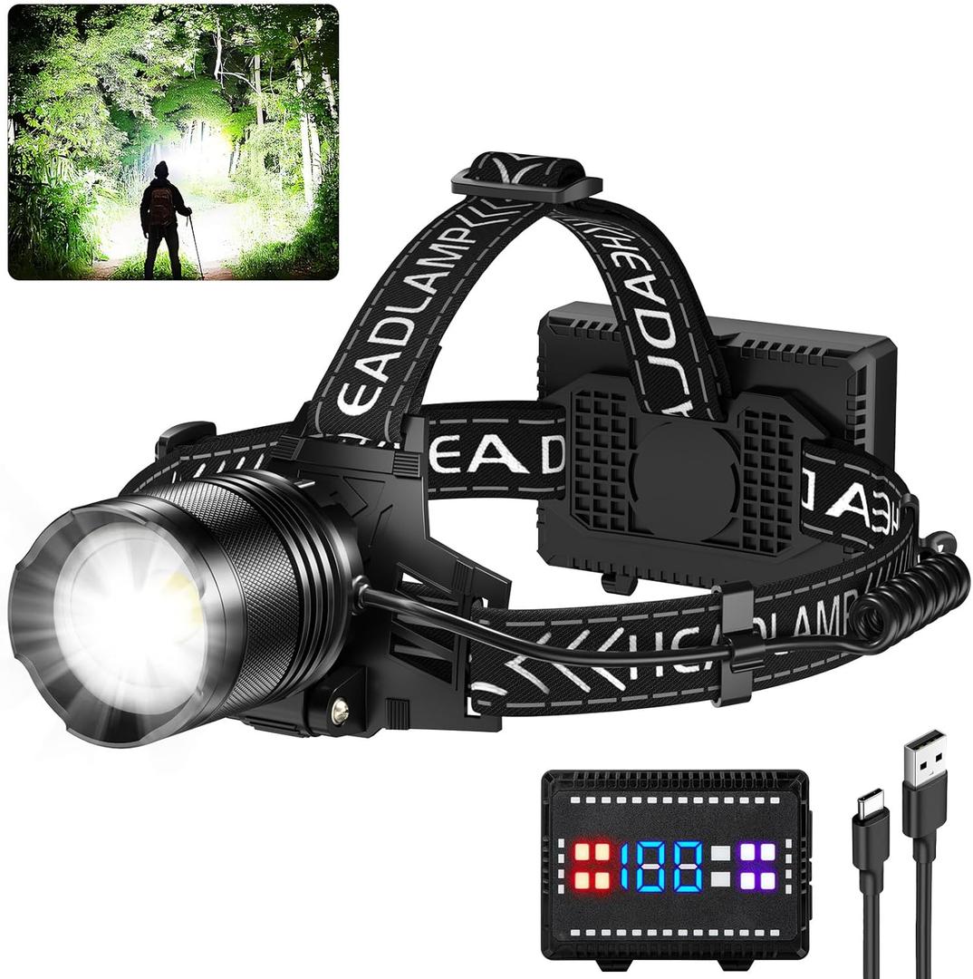 Cinlinso Rechargeable Headlamp Super Bright 99000 Lumens, LED Head Lamp with 4 Modes, 90 Adjustable Head Lights for Forehead
