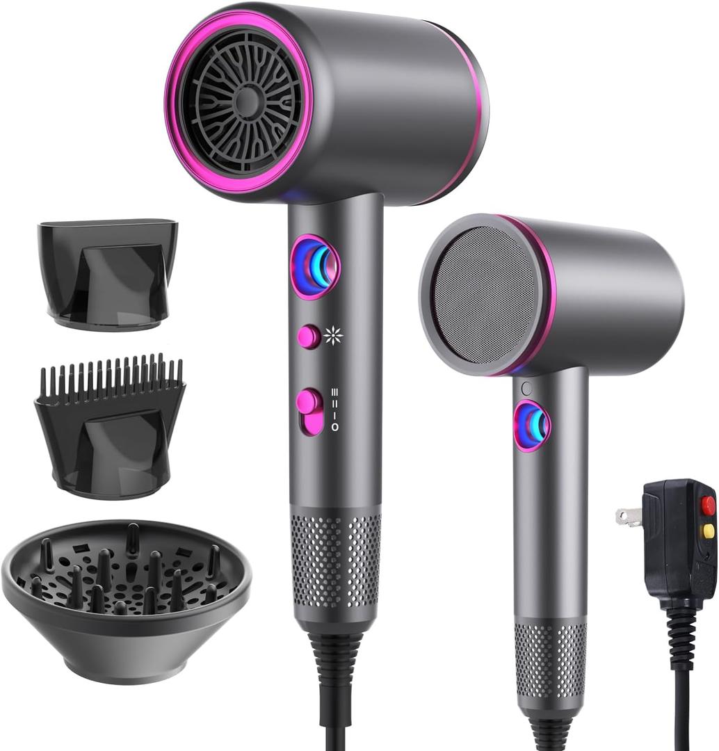 Fast-Drying Ionic Hair Dryer,1875 Watt High-Speed Ionic Blow Dryer with Diffuser/Concentrator/Comb Nozzle,LED Temp Display,Intelligent Temp Control,Low Noise for Home Salon Travel (Silvery)