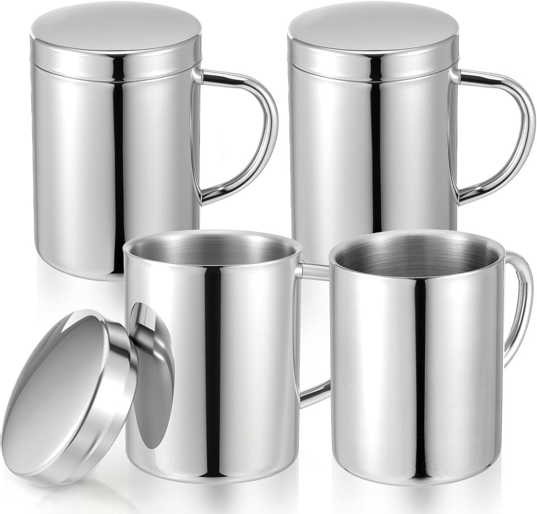 Molain 4 Set 13.5 oz/400ml Stainless Steel Coffee Mugs with Lids, Double Wall Insulated Metal Mugs Travel Thermal Camping Cups for Hot and Cold Drinks Home Office