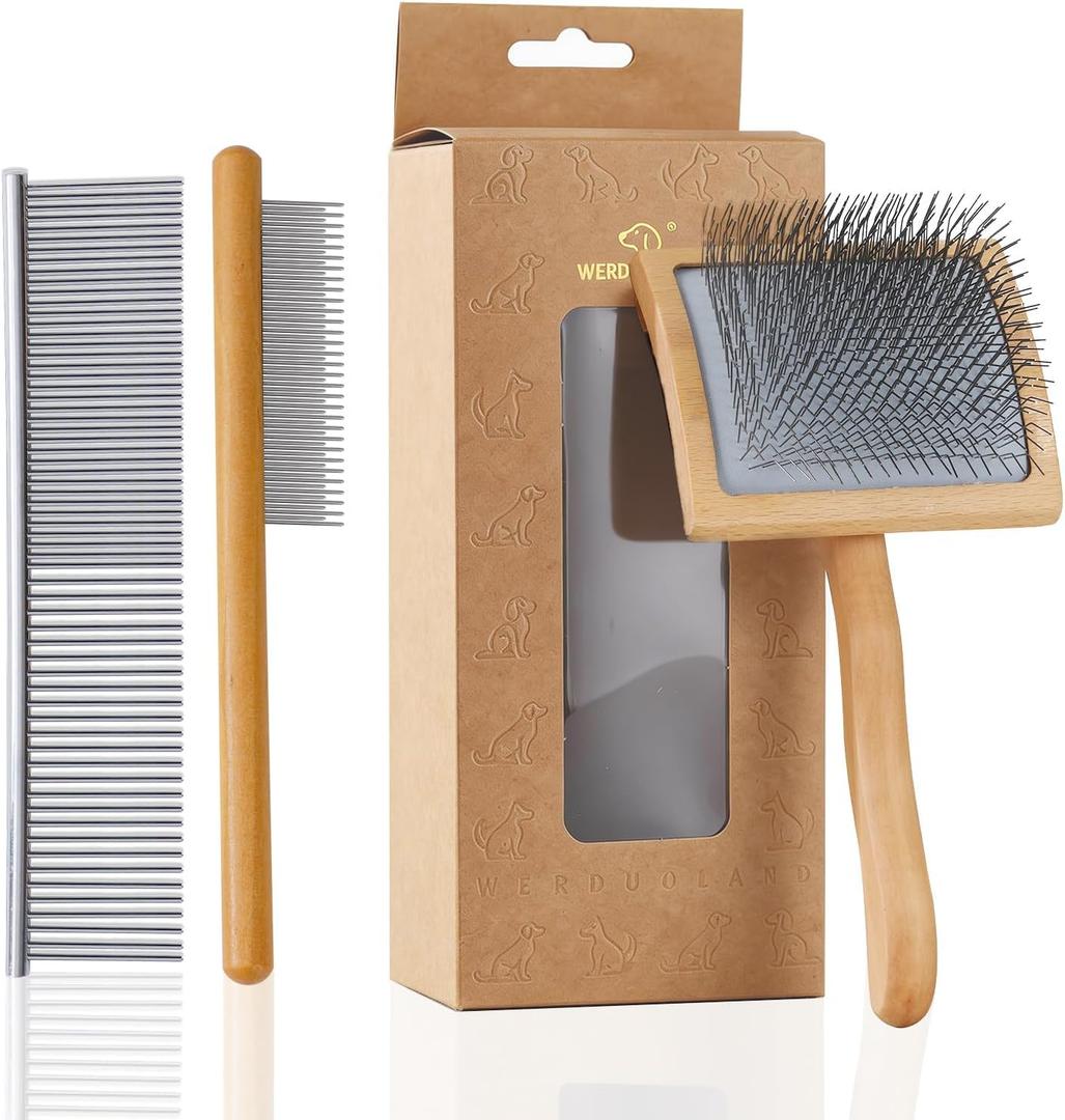 Ergonomic Slicker Brush for Long-Haired Dogs - Wooden Handle, Long Pins for Grooming Goldendoodles