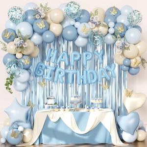 Blue Birthday Decorations, Dusty blue Sand White Confetti Foil Balloons Happy Birthday Banner Gold Butterfly Fringe Curtains, Light Blue Birthday Decorations for Boys Girls Women Men