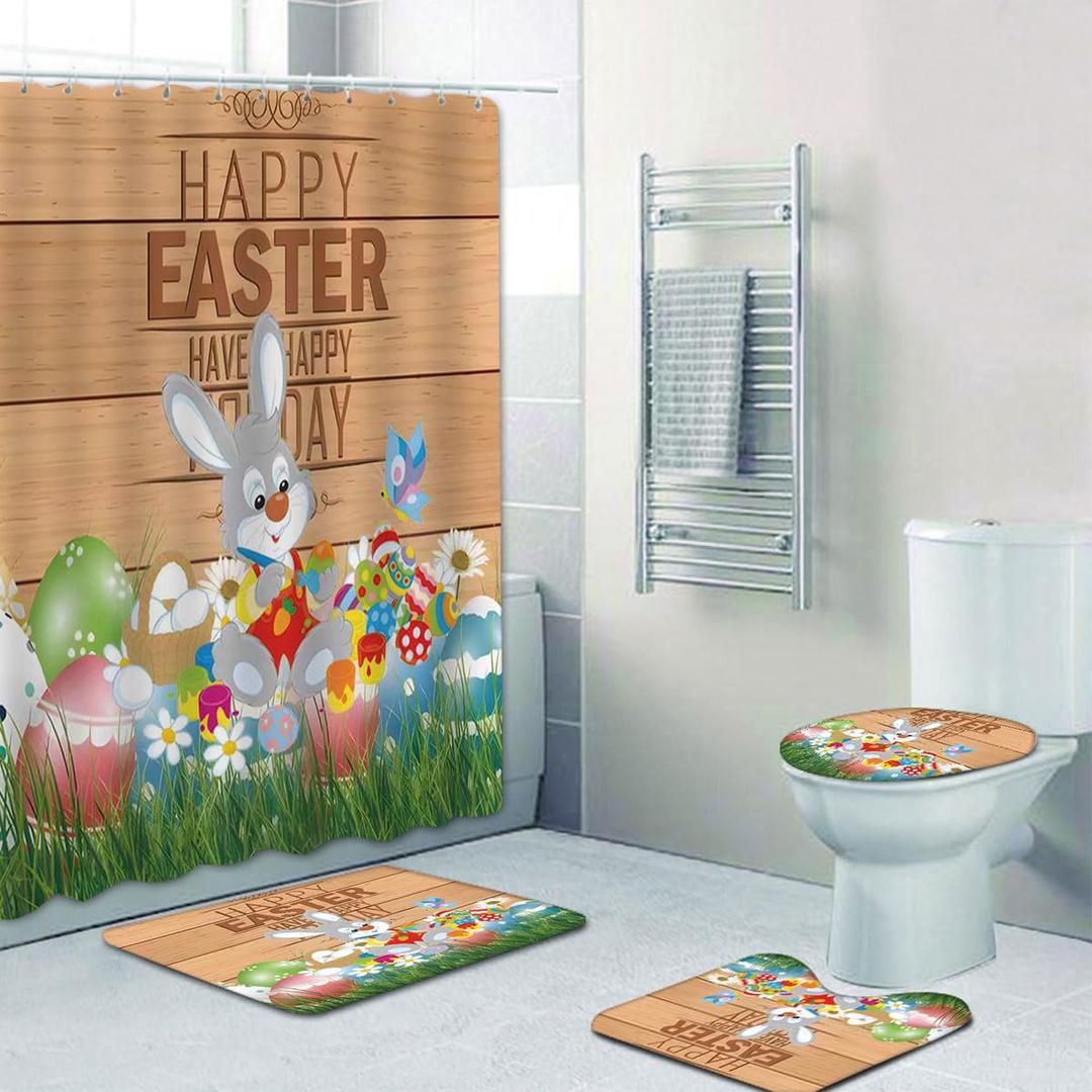 DDS-DUDES Easter Shower Curtain for Bathroom Rabbit & Eggs Watercolor Shower Curtain,Spring Colorful Bathtubs Curtains Spring Easter Decoration Set with Hooks Washable Fabric 71" x 71"