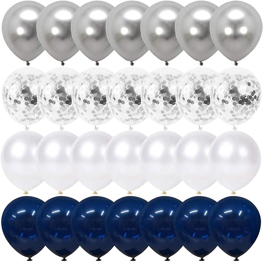Navy Blue and Silver Confetti Balloons 50 pcs, 12 inch White Pearl and Silver Metallic Chrome Party Balloons for 2026 Graduation Party Decorations